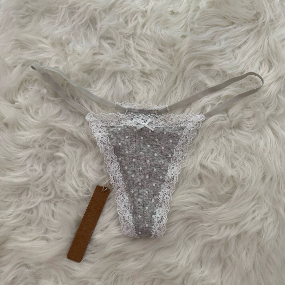 Skims Lightweight Cotton Pointelle Lace Thong Light Heather Grey Polka Dot Small